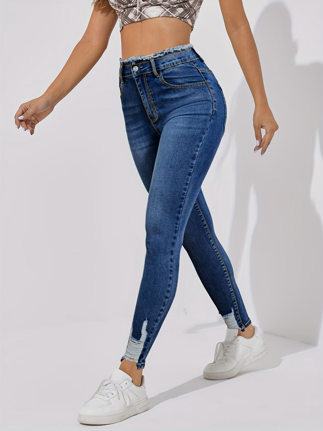 Jeans Ajustados para Mujer de Algodón de Cintura Alta con Alta Elasticidad para Uso Casual