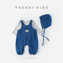 婴儿牛仔背带裤套装春秋款婴幼儿衣服韩版一岁宝宝外出爬服＋帽子