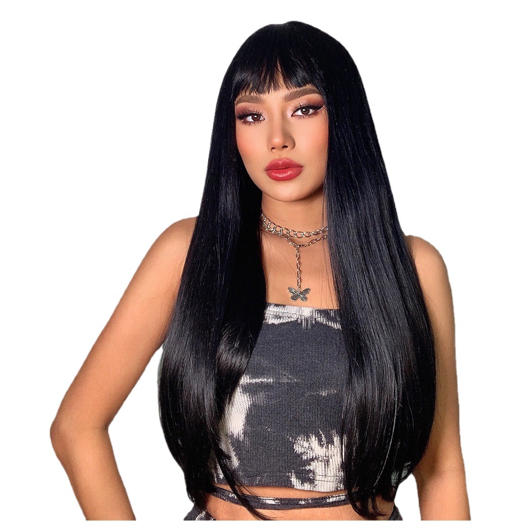 Transfronterizo nuevo estilo flequillo gradiente gris largo cabello liso fibra química seda de alta temperatura pelucas europeas y americanas peluca cabeza cubierta al por mayor