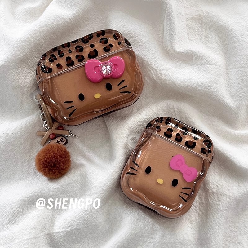 Brown Leopard Print Hellokitty with Pendant Suitable for Airpodspro3 Apple 4Th Generation Wireless Bluetooth Headphone Case