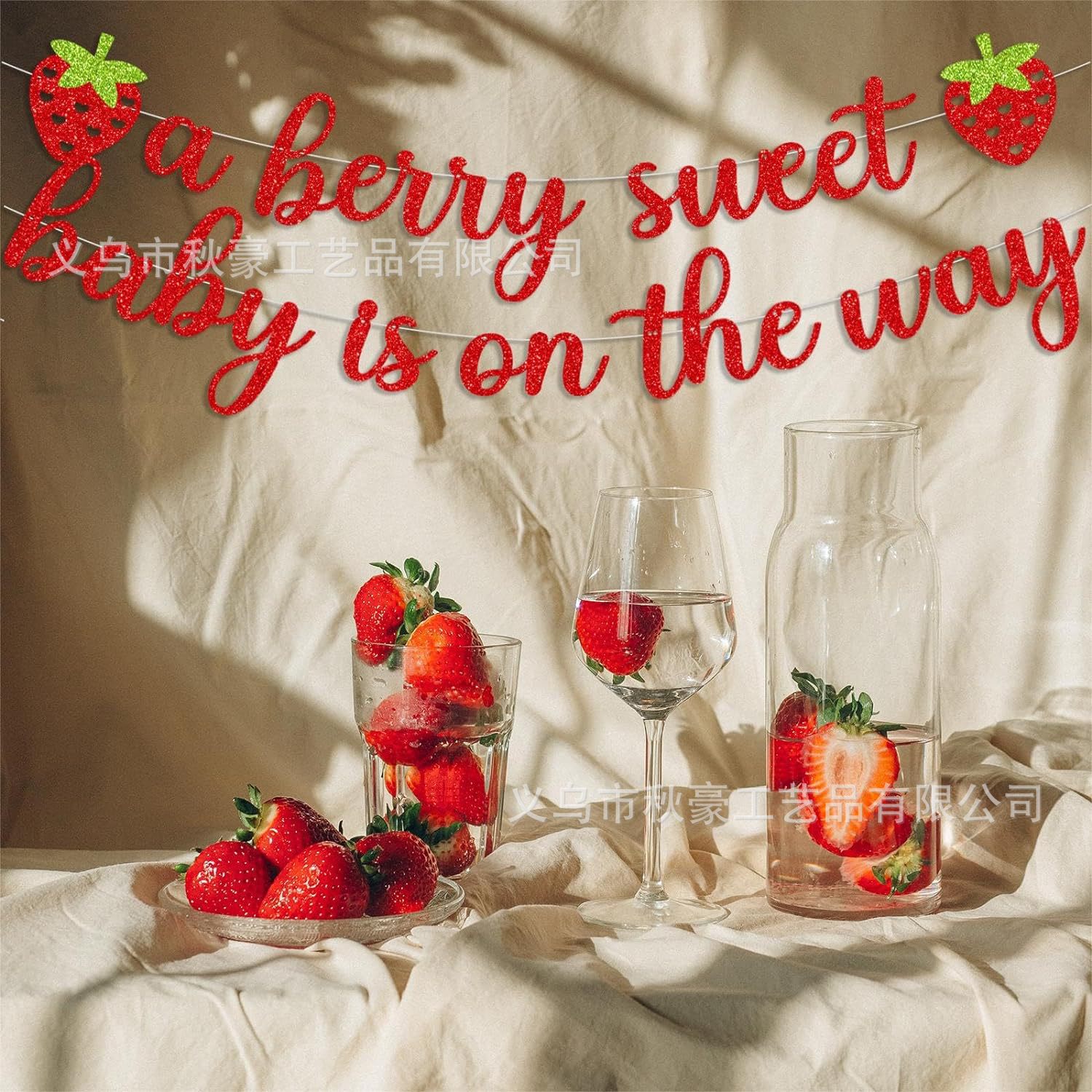 Tema de la fresa 1 año banner de cumpleaños, decoración de fiesta de la fresa brillante, suministros de la bandera, accesorios de diseño del lugar