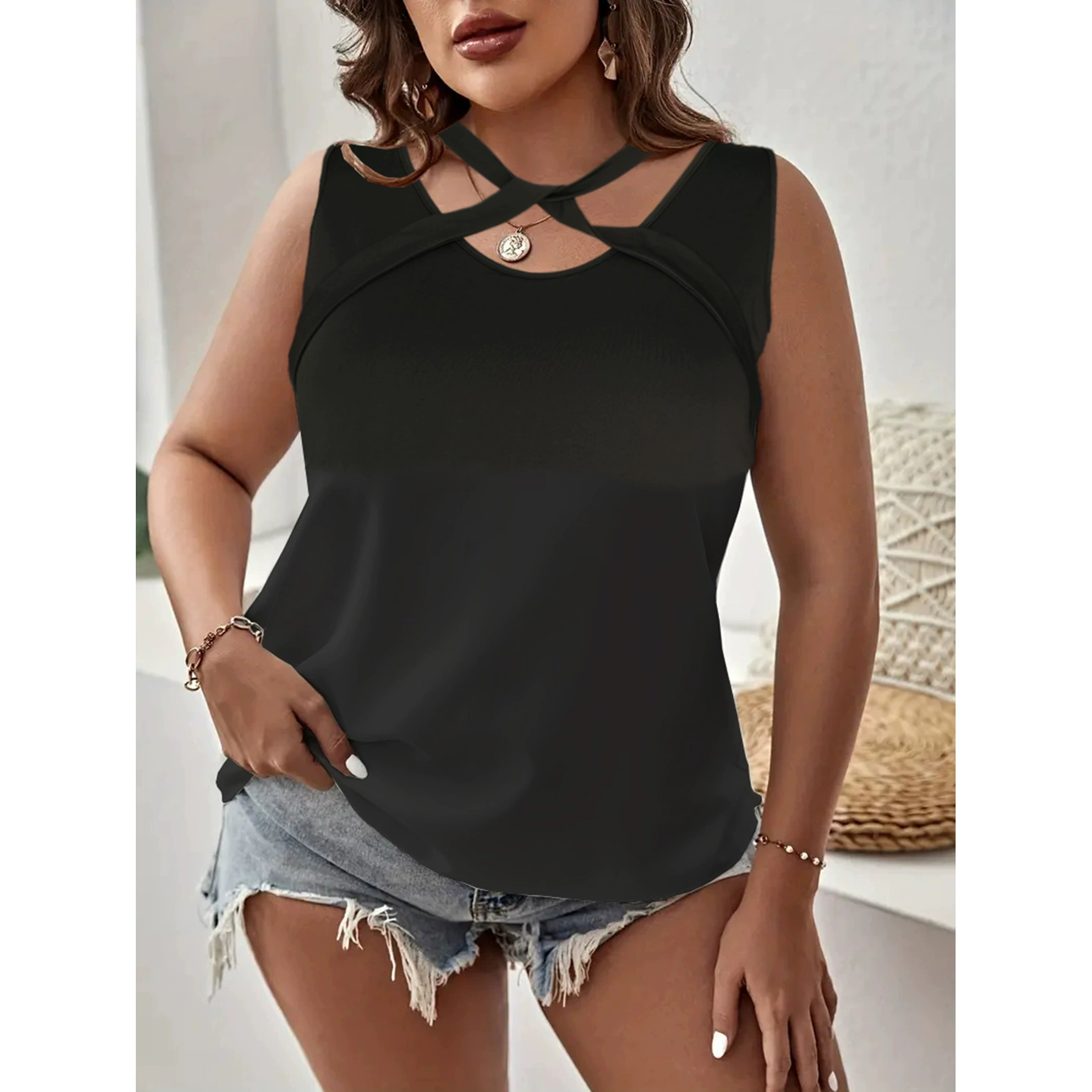 Летняя модная майка с бантом, европейский стиль, plus size, Amazon