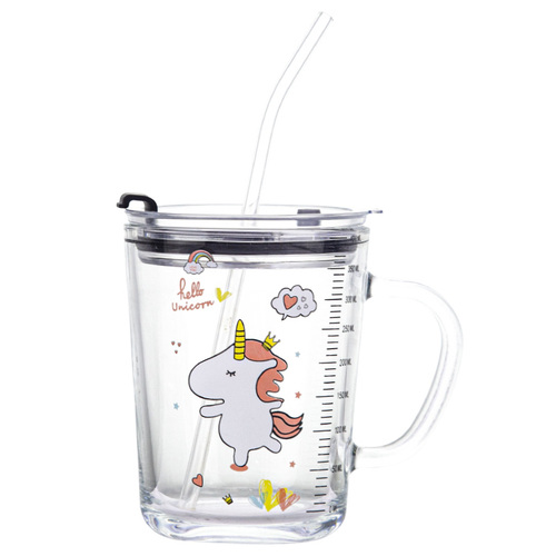 Milk Cup for Children, Graduated Cup for Breakfast and Desserts, Cartoon High-Quality, Sealed and Leak-Proof with Straw, Glass Water Cup