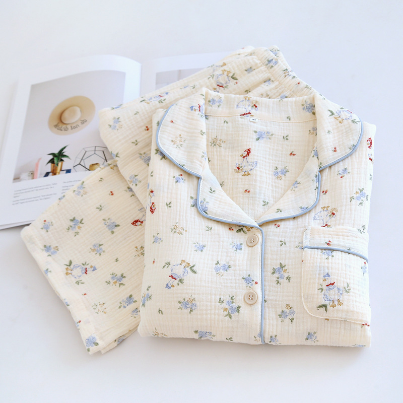 Pure Cotton Pajamas with Breast Pads for Women, Double-Layer Gauze, Spring and Summer Long-Sleeved Thin Cotton Fresh and Soft Home Wear Set Pure Cotton Pajamas with Breast Pads for Women, Double-Layer Gauze, Spring and Summer Long-Sleeved Thin Cotton Fresh and Soft Home Wear Set