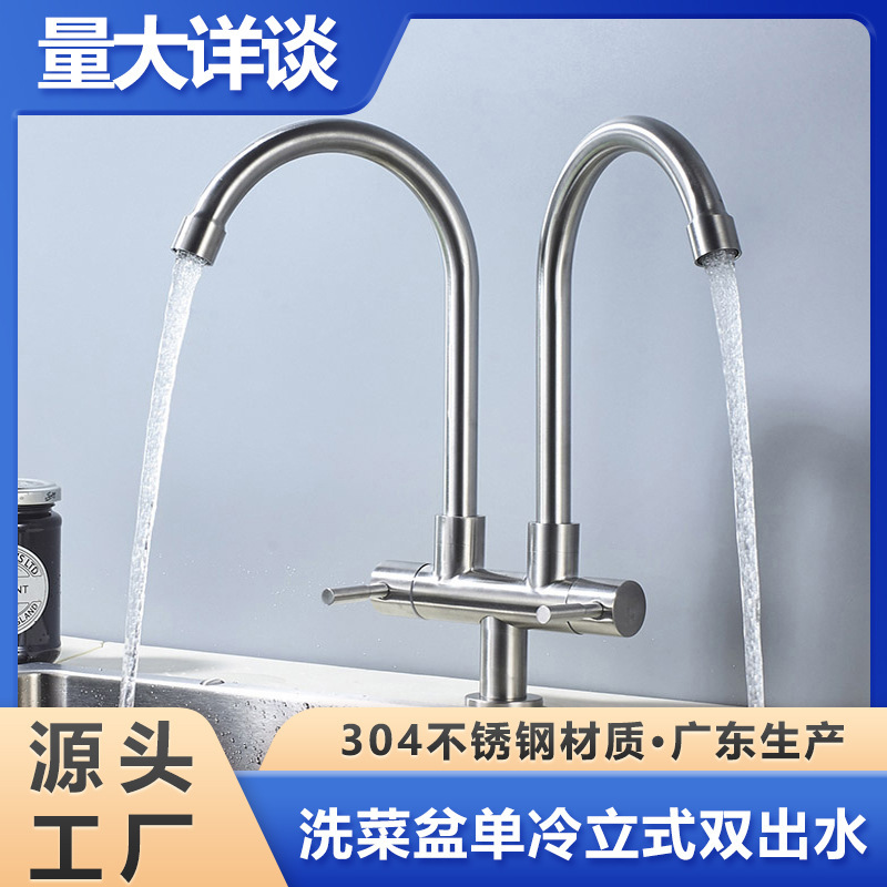 Special Offer 304 Stainless Steel Faucet Single Cold Water Double Pipe Double Handle Universal Rotating Kitchen Sink Dual Outlet Spray Head