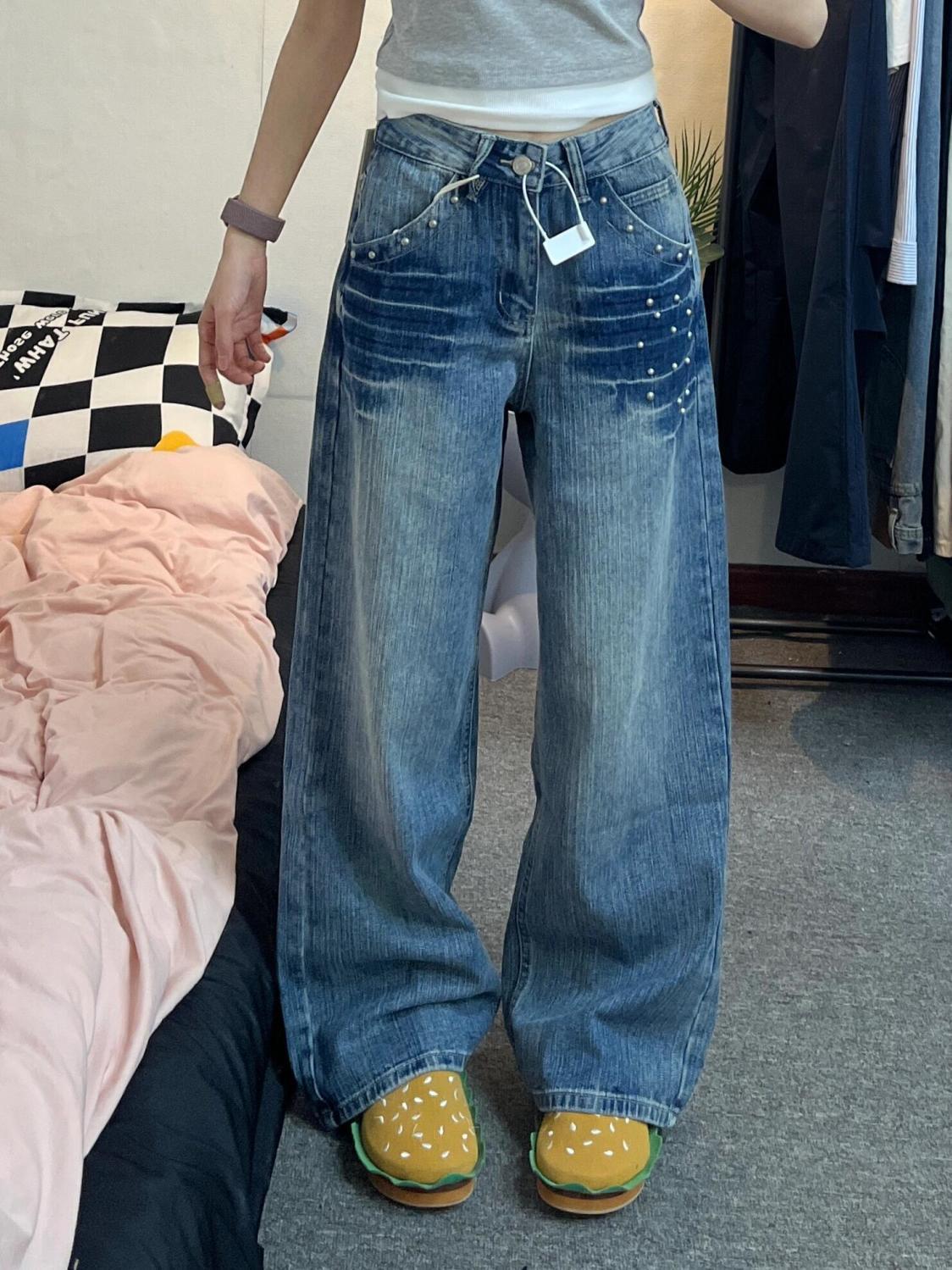 伶落旧人仔裤女2025新款夏季高腰水洗竹节柳钉宽松慵懒风阔腿裤子