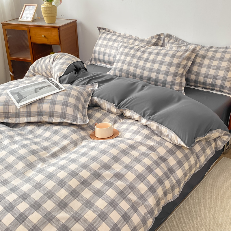 Xadrez de linho cinza / 1,2m [capa de edredão 150*200cm, lençol 160*230cm, fronha 48*74cm] conjunto de três peças