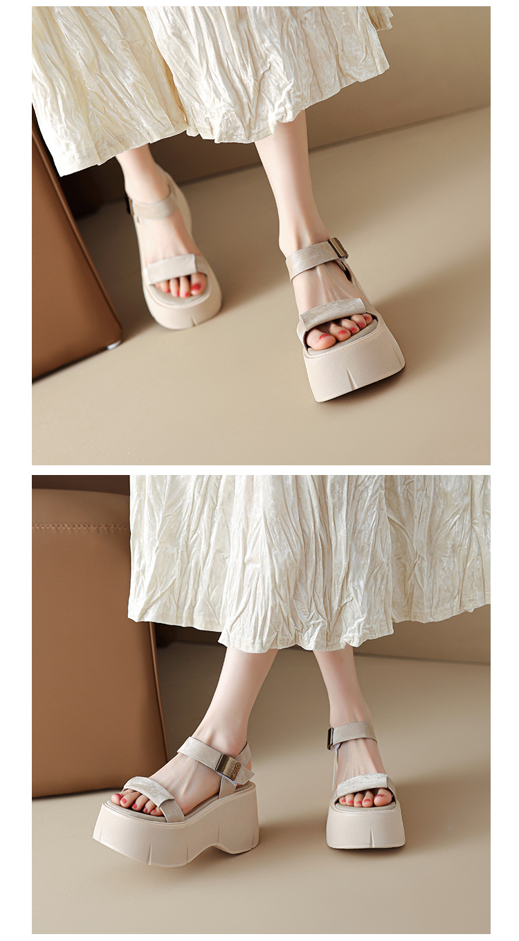 Sandal cao gót nữ phong cách Pháp cổ điển đế xuồng tăng chiều cao hở mũi khóa kim loại — màu nâu, màu đen, màu trắng ngà chi tiết 10