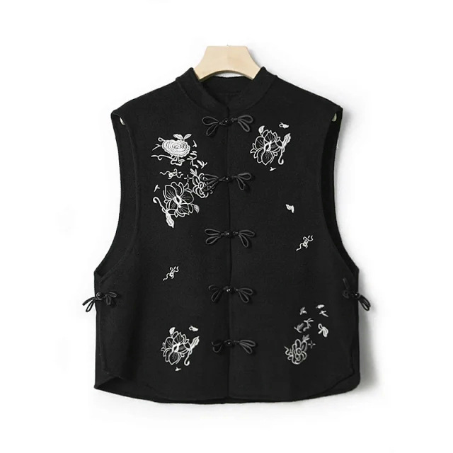 Chinese Contrast Color Embroidery Fright Button Wool Vest Spring and Autumn 24 New New Chinese Style National Style Black Ladies