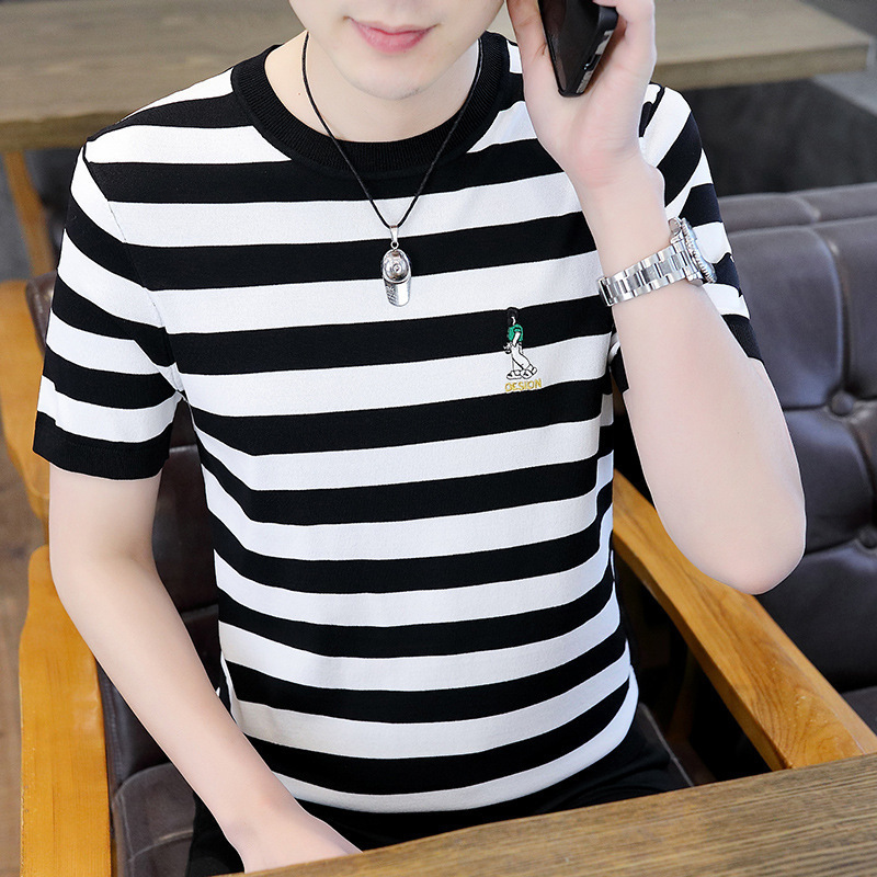 Bor New Men's Ilite Knitted high quality Striped Figure Embroidery Short Bor New Men's Ilite Knitted high quality Striped Figure Embroidery Short