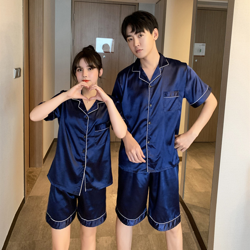 Fábrica directa pareja pijamas de las mujeres de manga corta de color sólido simple cardigan de seda artificial traje fino desgaste del hogar de los hombres de seda de hielo