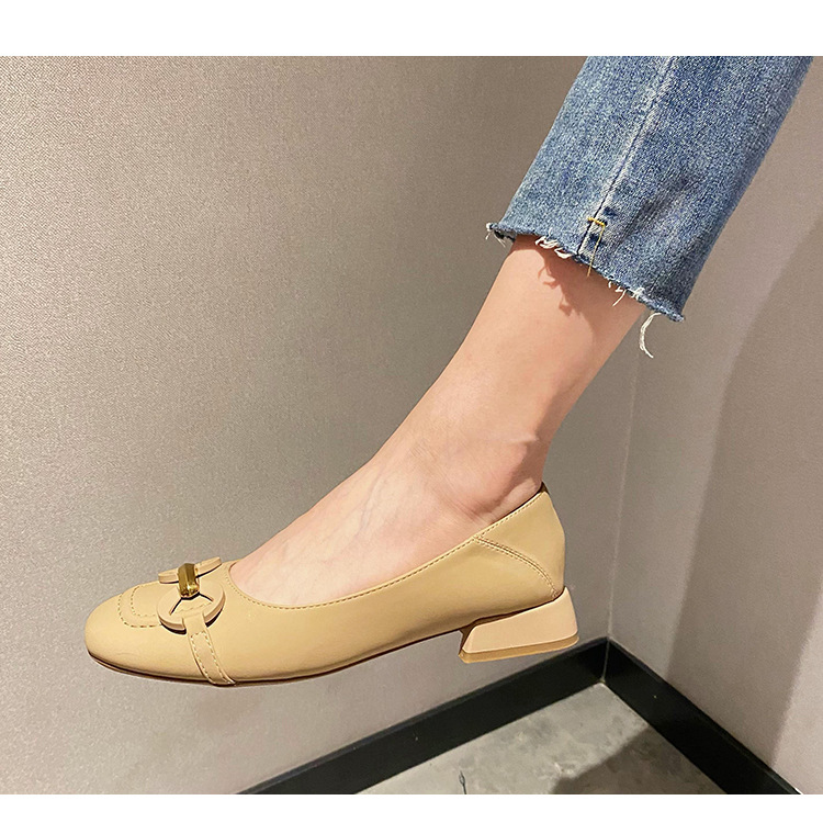 Zapatos de tacón alto de una pieza de cuero genuino para mujer, boca poco profunda, punta cuadrada, tacón grueso, zapatos individuales retro franceses, charol, metal, otoño_voghion.com
