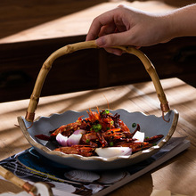 日式陶瓷竹提吊盘创意小吃竹盘家用餐具沙拉点心盘凉菜盘子水果盘