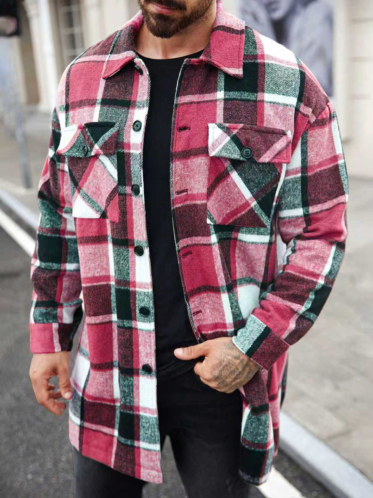 Europa y los Estados Unidos transfronterizos Amazon nuevo chaqueta de hombre camisa deportiva casual larga botón de doble bolsillo abrigo para hombre