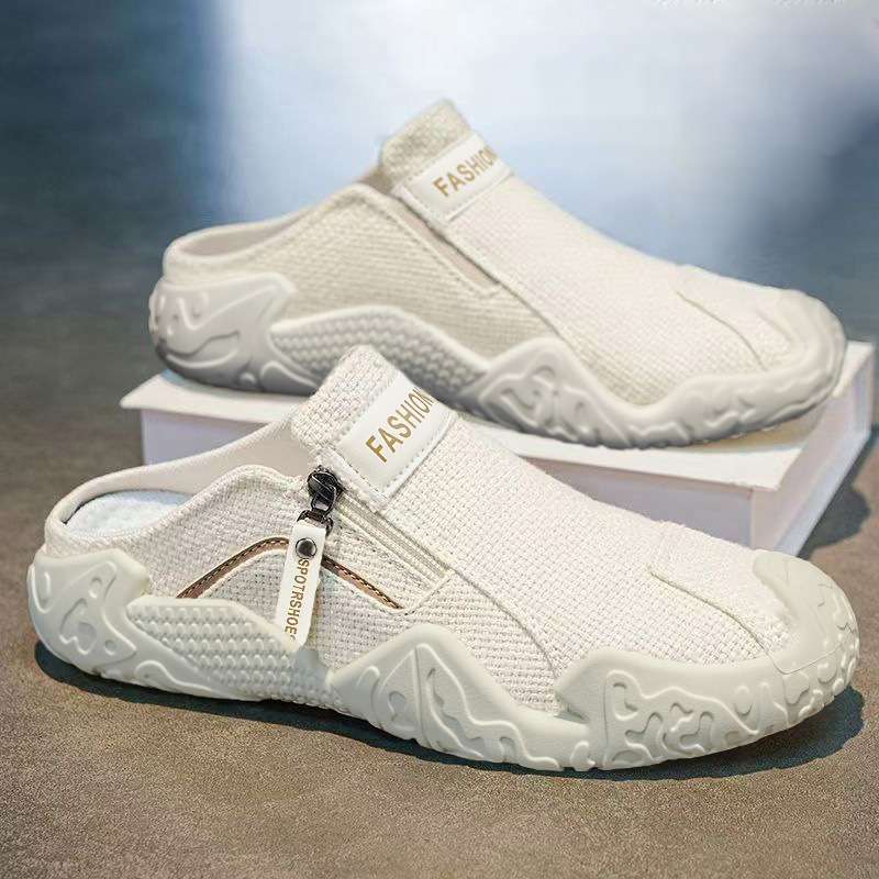 Men's Summer Cloth Shoes, Breathable, Non-Slip, Heelless Driving Shoes, Slip-On Half-Slip Fly-Knit Sports Casual Shoes for Men