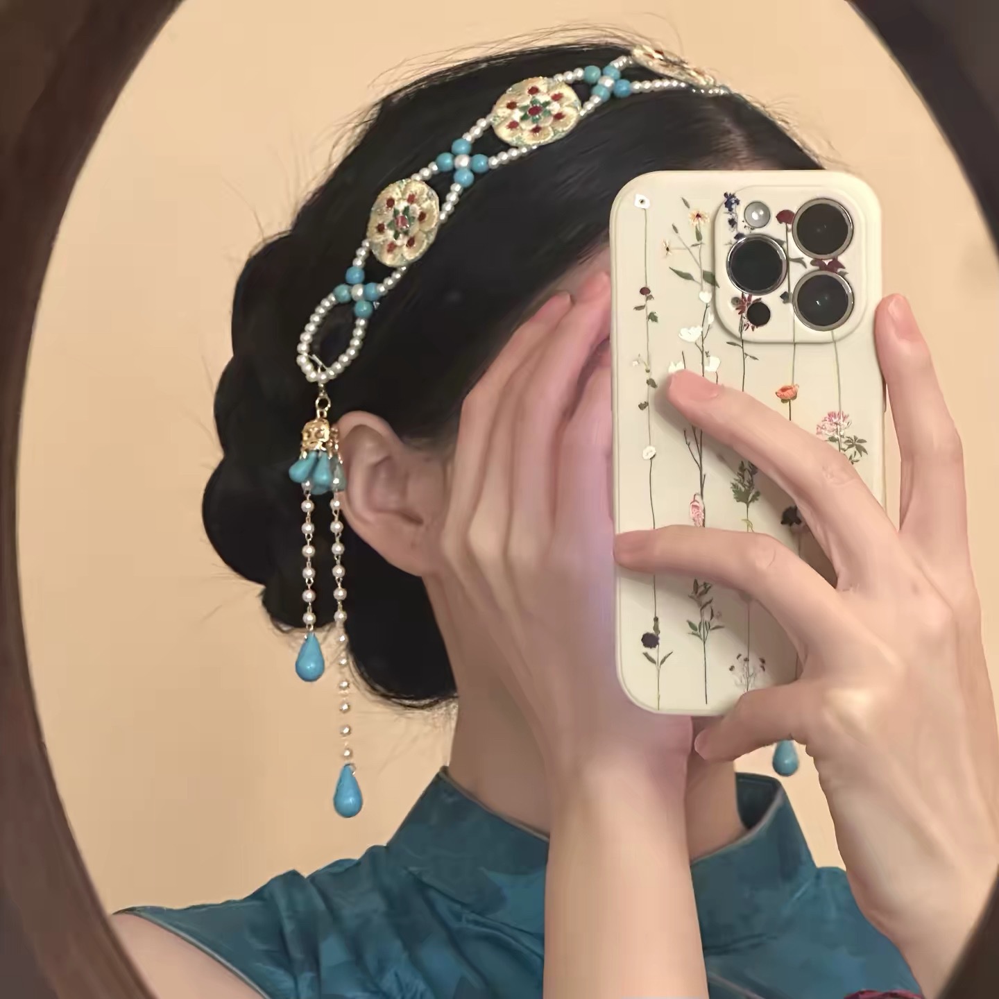 "Timeless Charm" – Embroidered with floral patterns, beaded headband with pearl tassels, Hanfu hair accessory for women