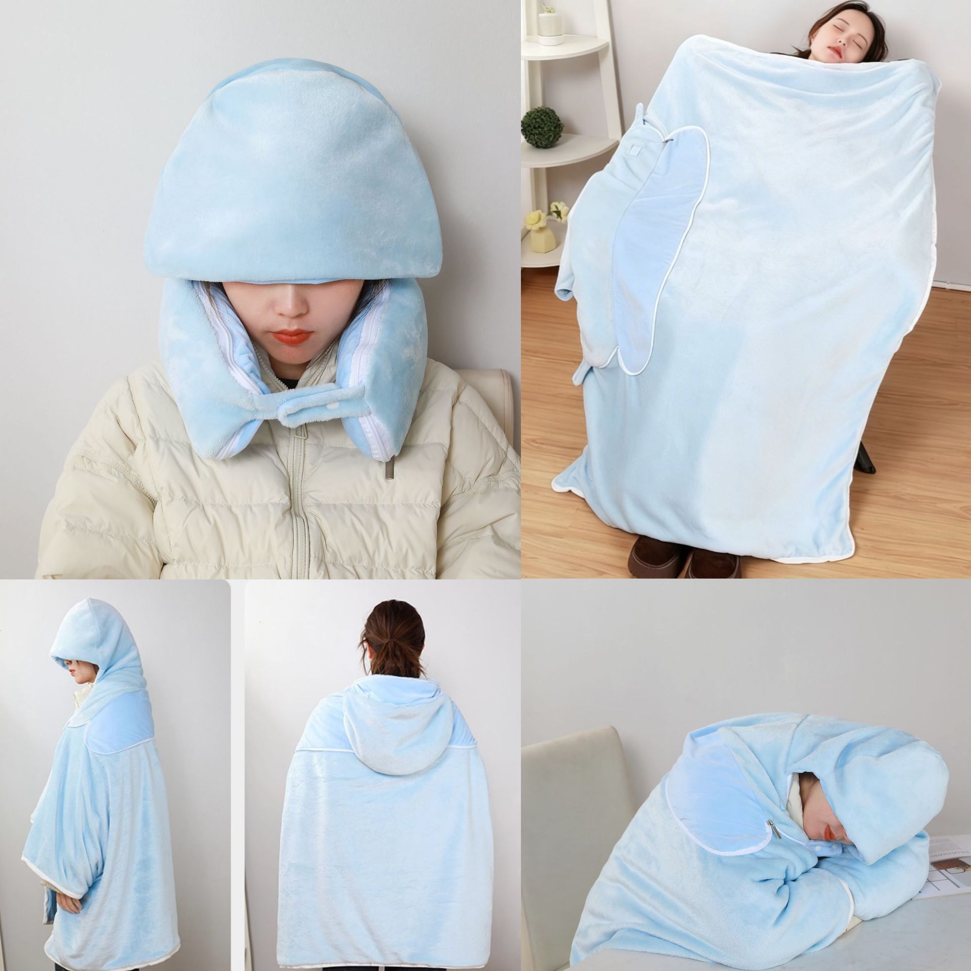 Almuerzo encapuchado almohada de aire acondicionado multipropósito en forma de U mantas de oficina almohada de aire acondicionado en forma de U mantas de aire acondicionado encapuchado en forma de U almohada avión