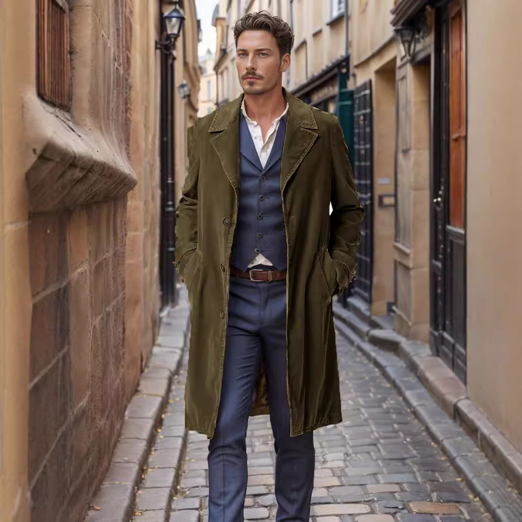 Lange einreihige Windjacke für Herren im britischen Stil für Frühling und Herbst_voghion.com
