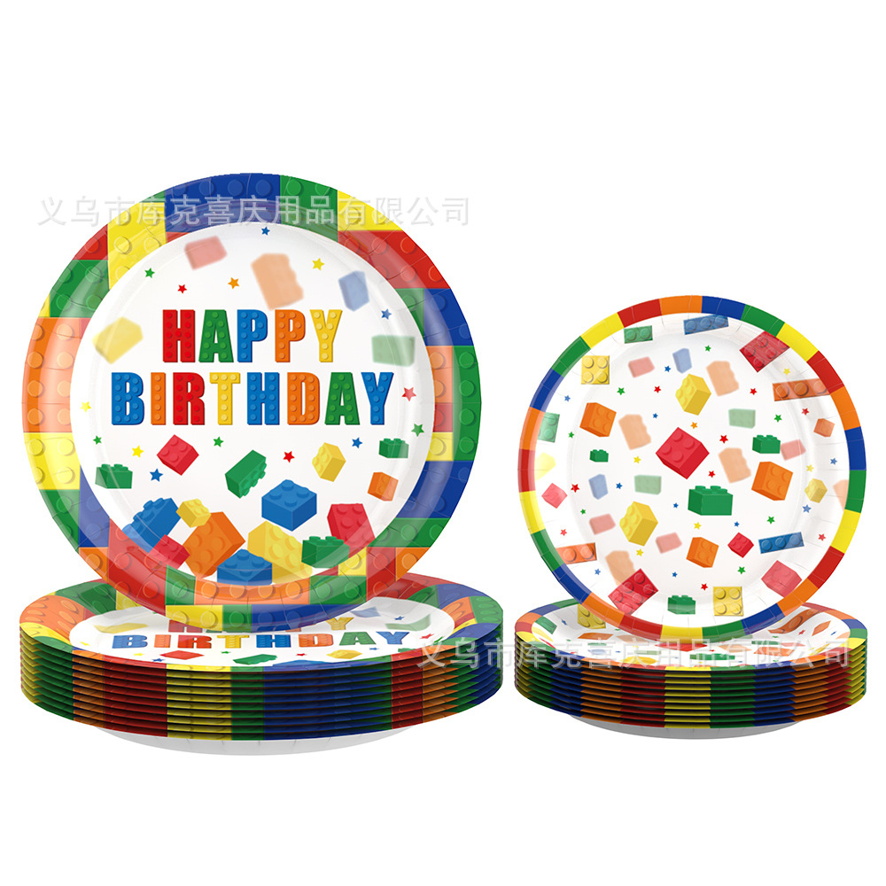 Nueva Lego bloques de construcción tema fiesta de cumpleaños vajilla plato de papel desechable taza de papel tire bandera decoración traje