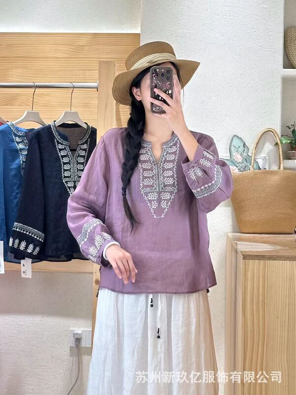 苎麻小衫女2025秋季款文艺纯色长袖V领绣花套头宽松套头衬衫上衣|undefined