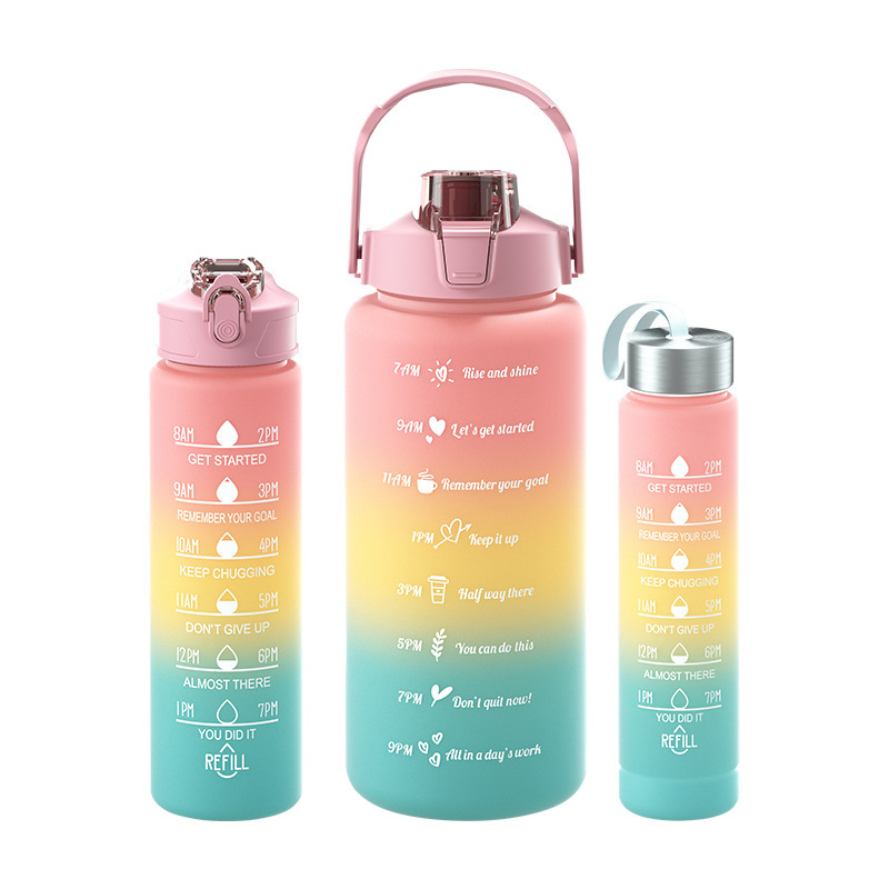 Taza de agua de tres piezas taza de paja de gran capacidad taza de agua de color degradado espacio deportivo olla taza de agua de plástico esmerilado con escala