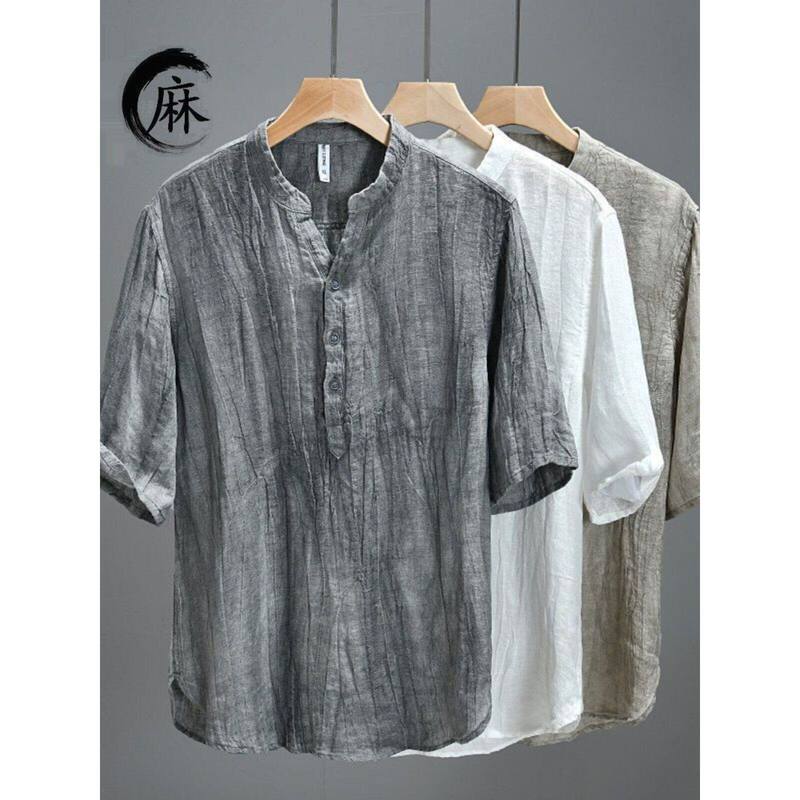 Chinese-Style Retro Half-Open V-Neck Linen Shirt for Men, Short-Sleeved, Summer Thin, Loose-Fitting, Solid Color, Simple Cotton-Linen Shirt