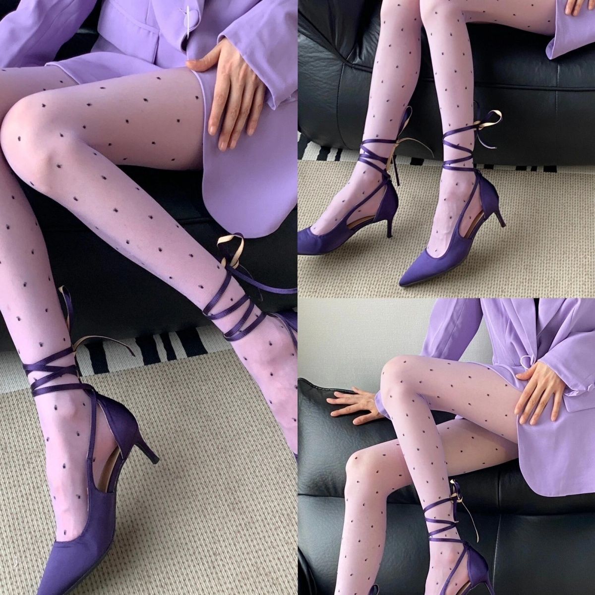Stile francese Vintage Dolce Viola Pois Y2k Primavera-estate Stile balletto Dopamina Sexy Nero ad alta trasparenza_voghion.com