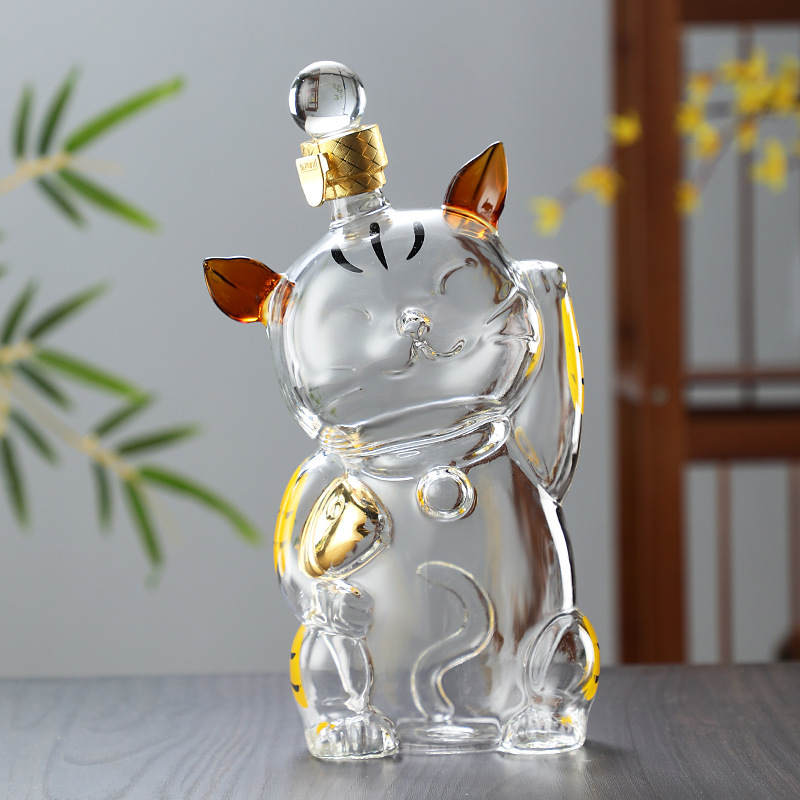 Creativo suerte gato forma artesanal botella de vino vidrio borosilicato vidrio botella de vino hogar vino tinto whisky vino