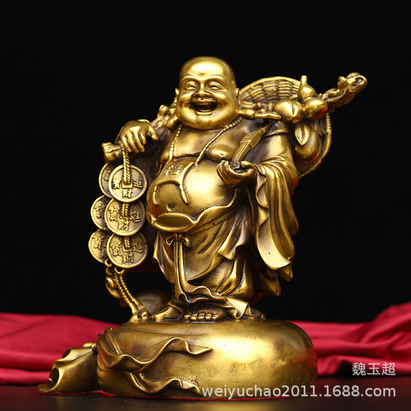 纯铜弥勒佛摆件挑金币黄金袋弥勒笑佛工艺品摆件