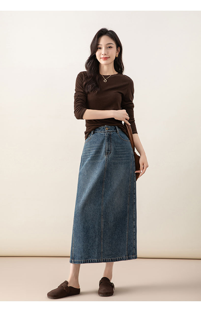 Chân váy denim Lyocell nữ cạp cao dáng A xẻ tà dài trung bình — màu xanh chi tiết 22