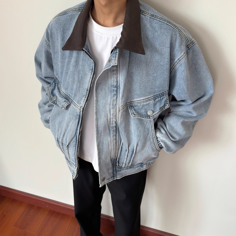 布老哥Blog美式水洗褶皱廓形牛仔夹克春季痞帅显高蓝色外套W389棉|undefined