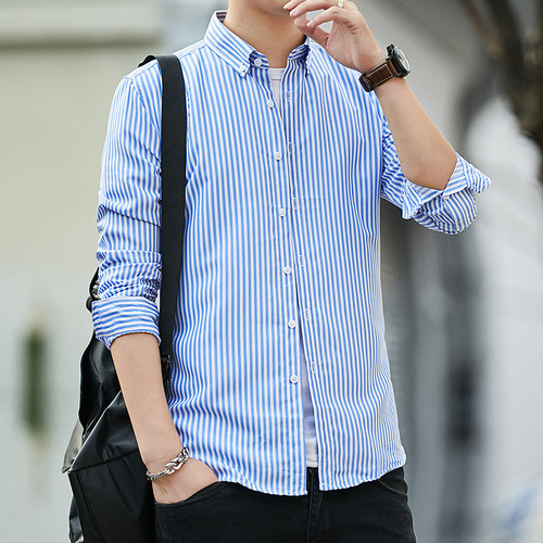 Men's Spring and Autumn Long-Sleeve White Business Casual Professional Wedding Best Man Shirt Black and Blue Base Short-Sleeve Inch