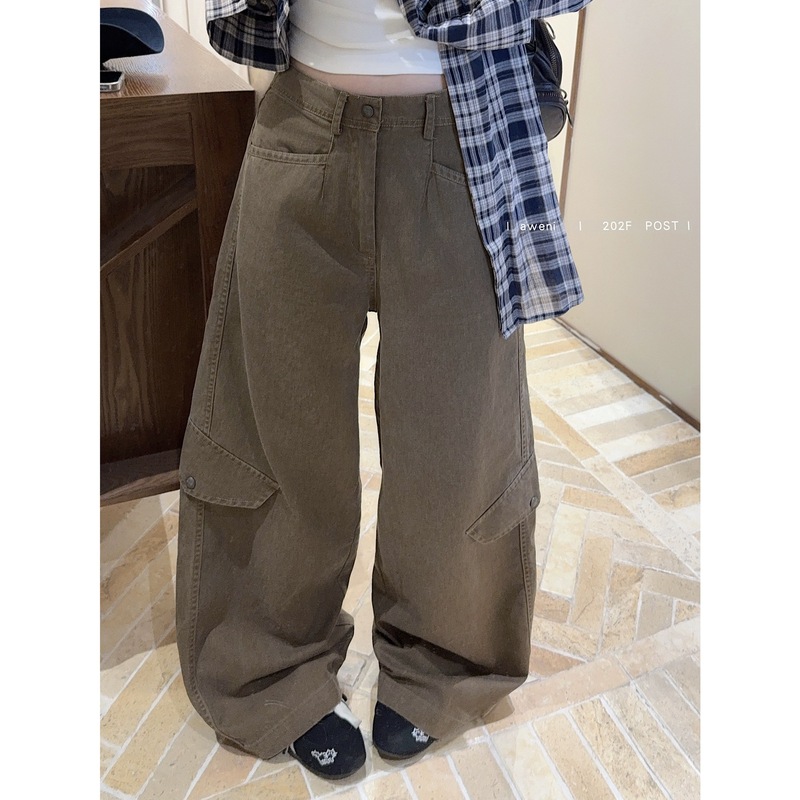 复古棕色工装阔腿裤女秋季高腰宽松显瘦直筒休闲裤小个子拖地长裤|undefined