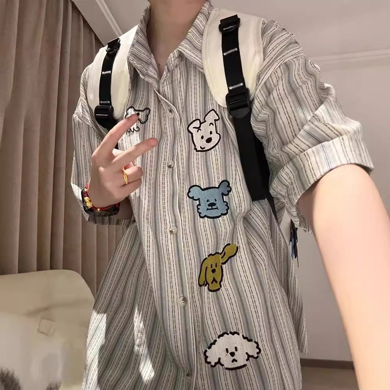 Cute Puppy Embroidered Striped Short Sleeve Shirt Women's Summer American Style Retro Trendy Brand Loose Casual Top for Small Cute Puppy Embroidered Striped Short Sleeve Shirt Women's Summer American Style Retro Trendy Brand Loose Casual Top for Small