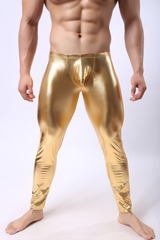 New European and American men's briefs low waist sexy silky nylon imitated patent leather long pants body-shaping pants 
