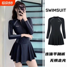 新款泳衣温泉新女裙式连体小新女士游泳衣保守显瘦长袖女游泳装