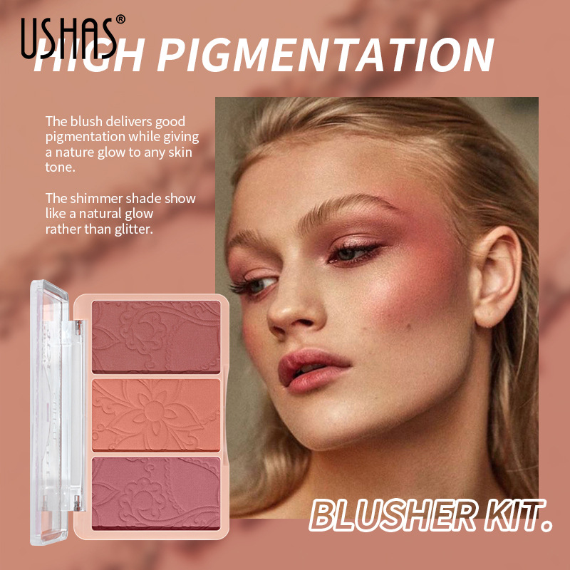 USHAS Amazon mezcla transfronteriza colorete degradado de tres colores plato de reparación de maquillaje desnudo natural rosa no es fácil de volar