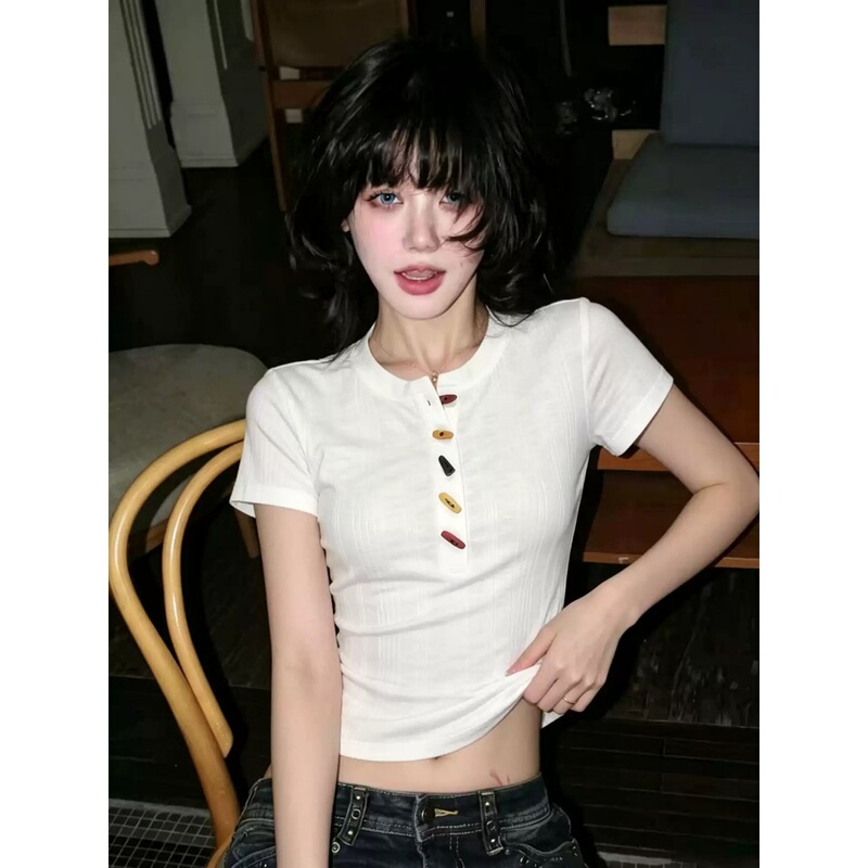 Half-Open Collar Short-Sleeve T-Shirt for Women, Summer Slim Fit, Versatile Design, Bamboo Cotton Texture Top