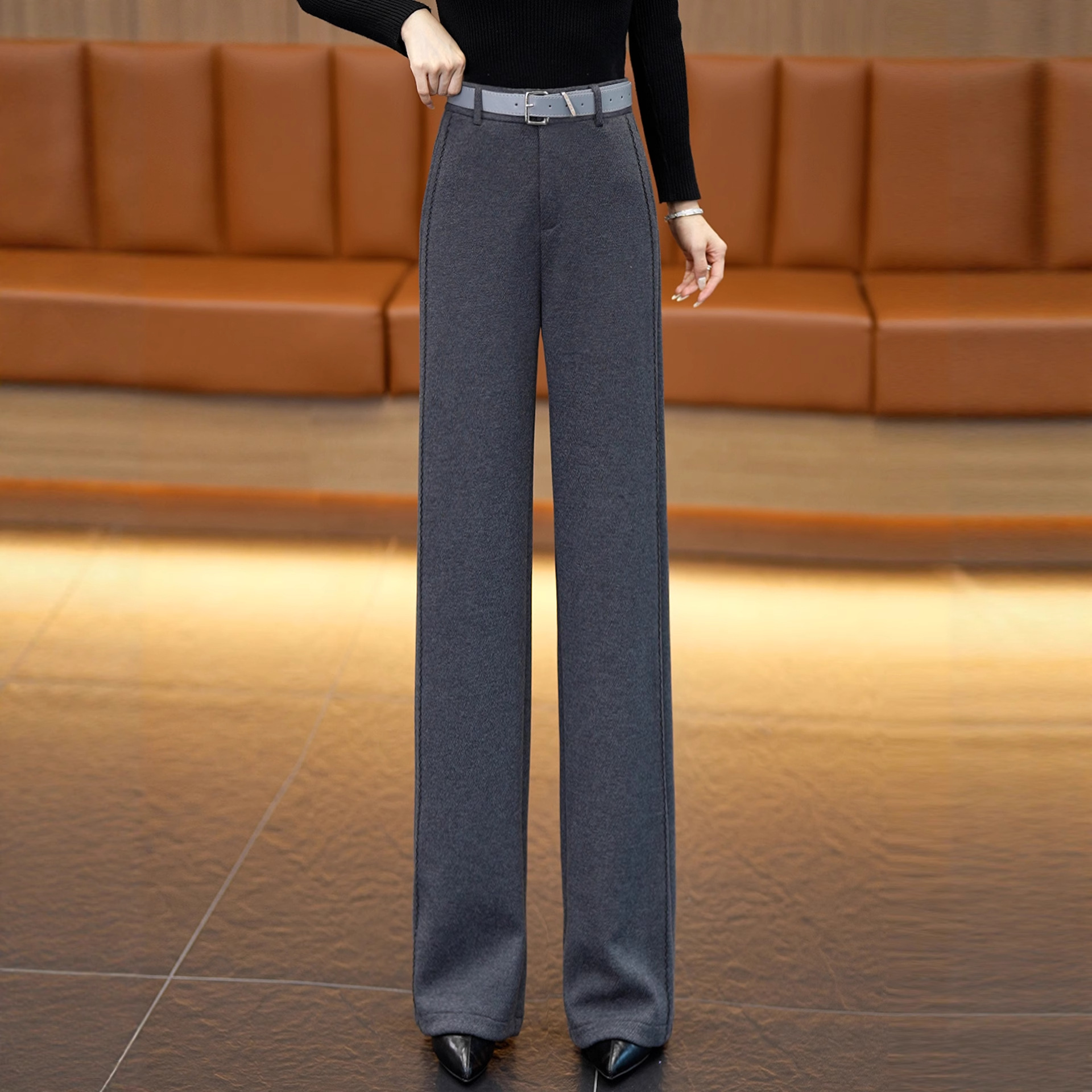 Gray Woolen Narrow Wide-Leg Pants for Women Autumn and Winter 2025 New High-Waist Slim Casual Straight Suit Pants