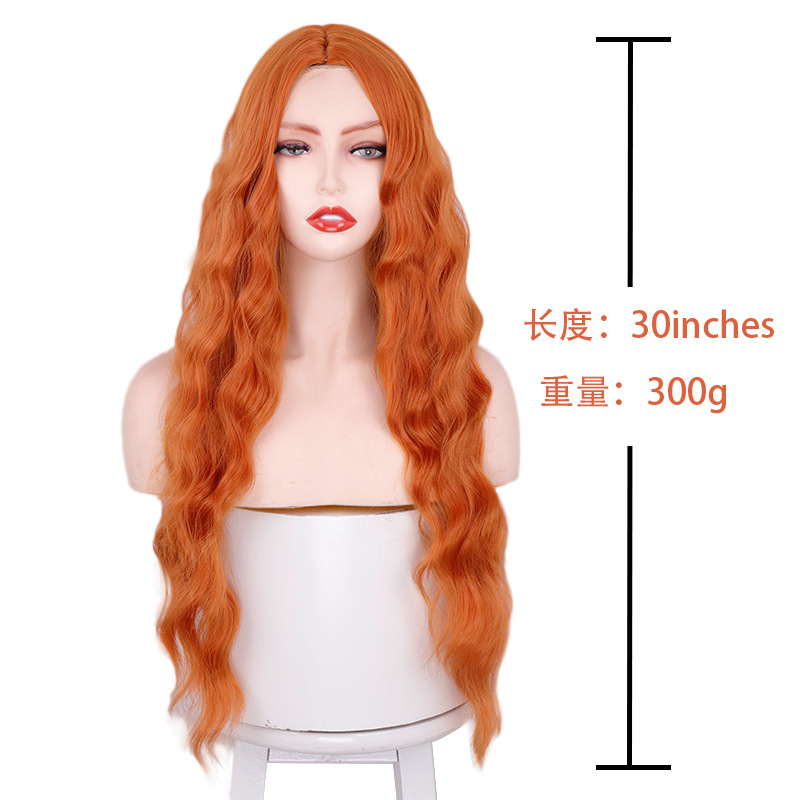 Europea y Americana peluca larga naranja rollo de lana de fibra química peluca cabeza cubierta transfronteriza pelucas fábrica al por mayor