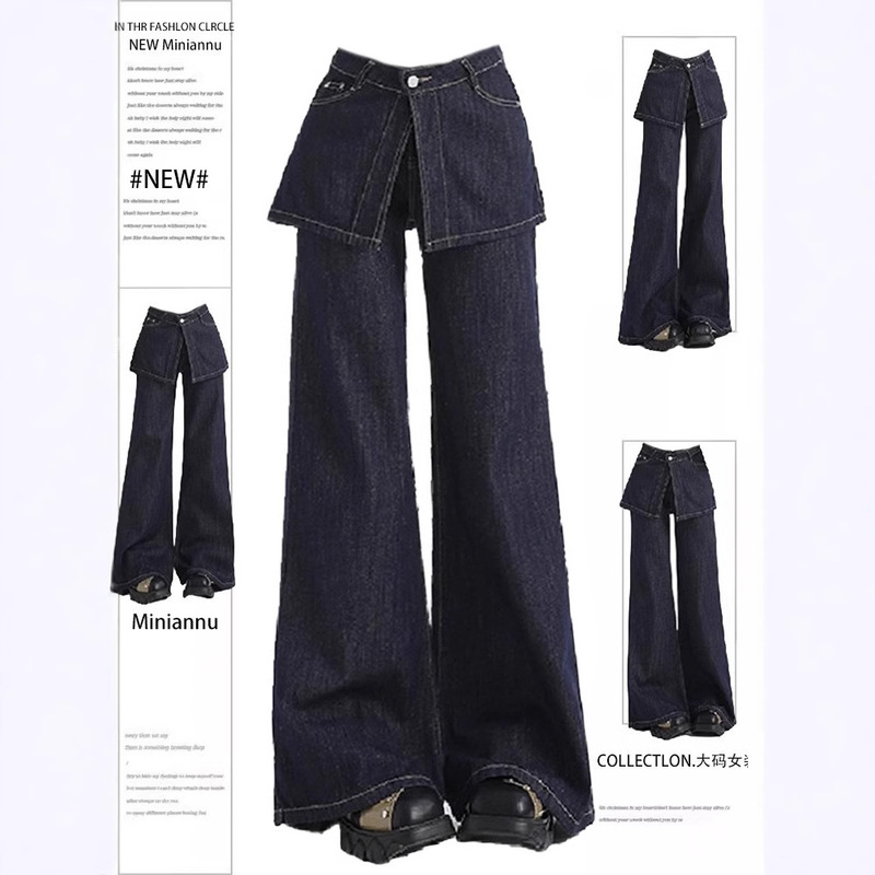American Retro Design Irregular Fake Two-Piece Wide-Leg Jeans for Women High-Waisted Straight-Leg Hip-Covering Slimming Pants
