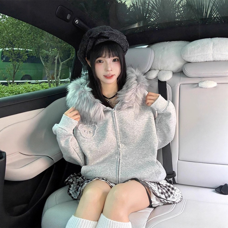 Sweet Style Fur Collar Bear Ear Jacket for Women, Autumn and Winter Blue 2026 New Korean Style Lazy Chic Hooded Sweatshirt