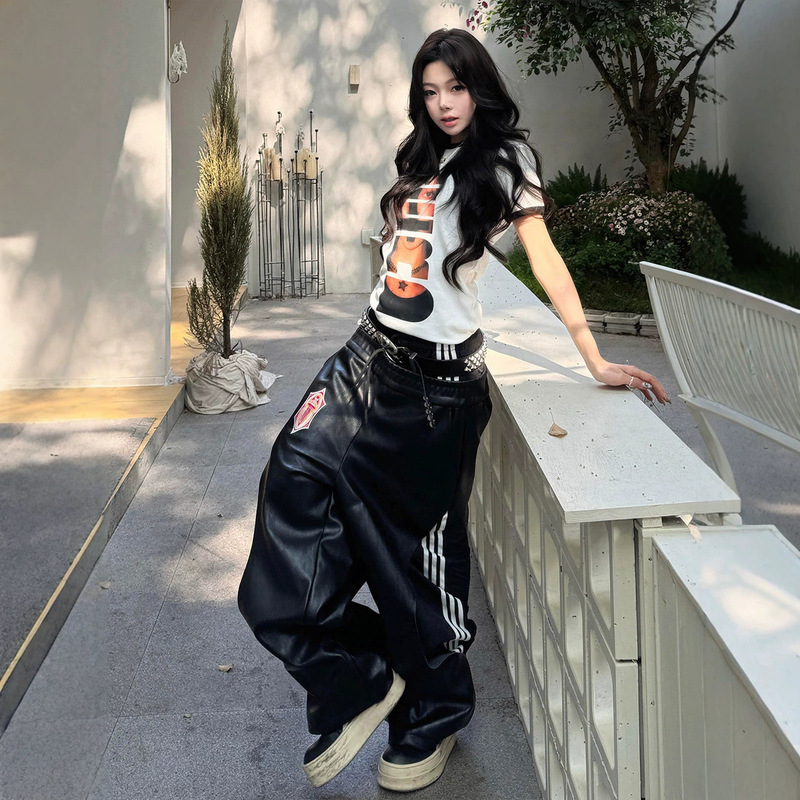 American-style streetwear heavy-duty wide-leg pants for women, autumn loose-fit patchwork double-waist baggy leather pants, Yabi faux two-piece pants American-style streetwear heavy-duty wide-leg pants for women, autumn loose-fit patchwork double-waist baggy leather pants, Yabi faux two-piece pants