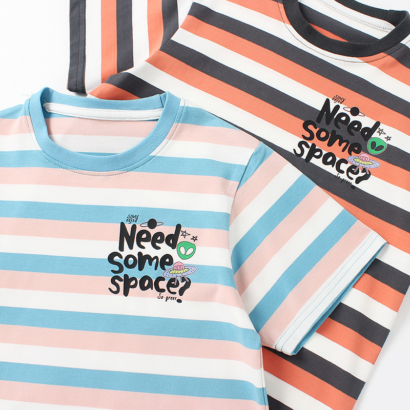 Ropa de verano estilo coreano para niños nuevos niños a rayas de manga corta para niños grandes dibujos animados impresos Camiseta de manga corta para niñas de media manga