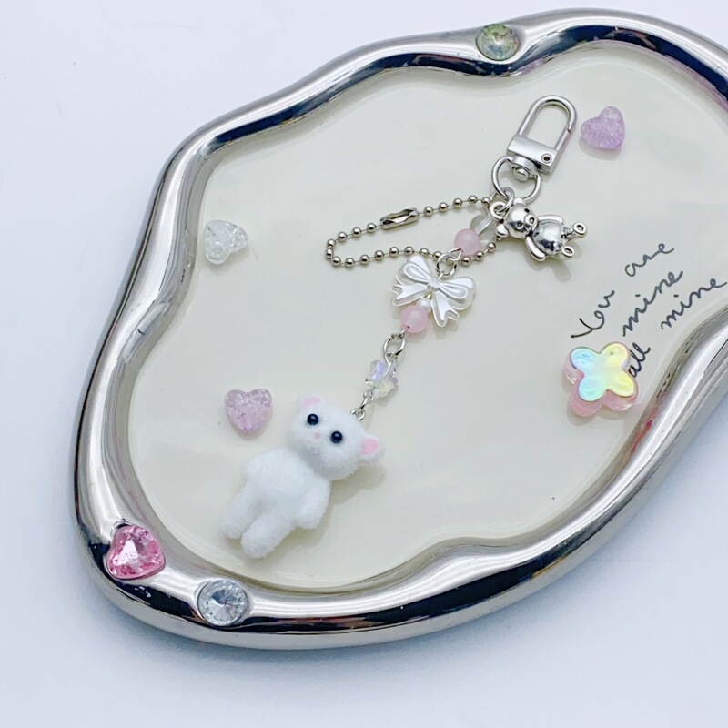 Cross-border ins wind flocking childlike cartoon bear bow Y2K keychain girl pendant mobile phone chain goo chain women