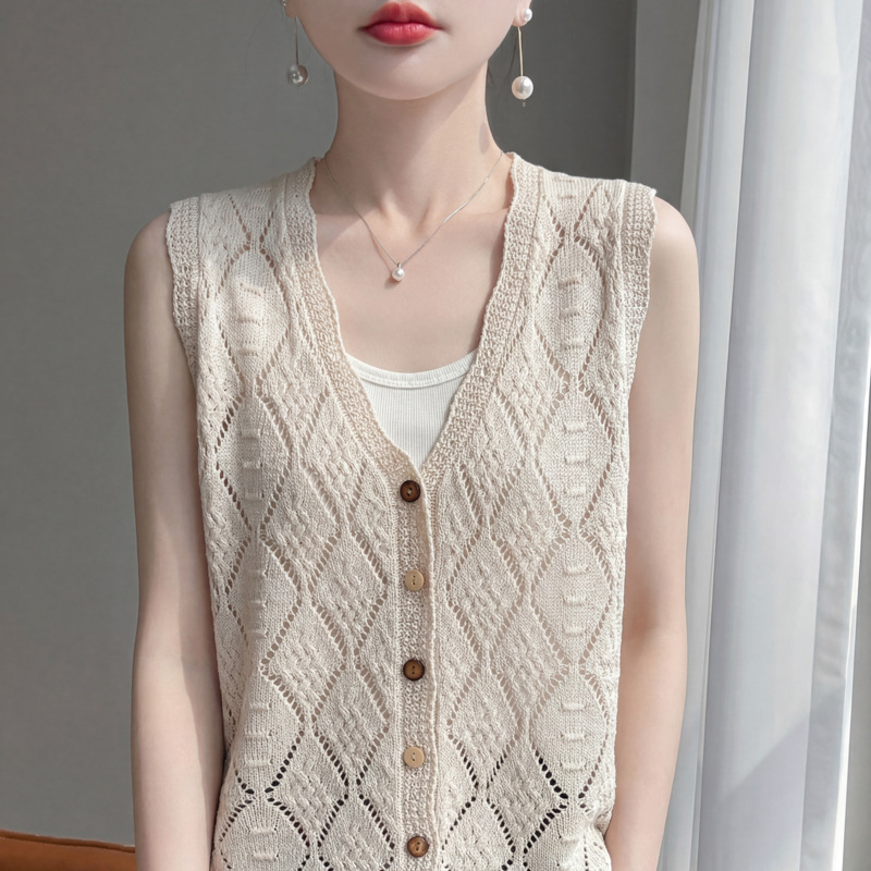 2026 Spring/Summer New Tencel Linen V-Neck Knitted Vest Cardigan for Women with Diamond-Shaped Hollow-Out Design, Sleeveless Layered Vest