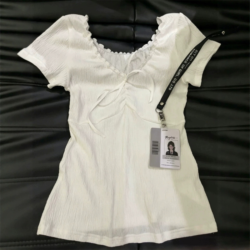 Korean Style Pure Desire White Lace-Up Ruffled V-Neck Short-Sleeve T-Shirt for Women, Summer 2026, Slim Fit, Flattering, Versatile Top Korean Style Pure Desire White Lace-Up Ruffled V-Neck Short-Sleeve T-Shirt for Women, Summer 2026, Slim Fit, Flattering, Versatile Top