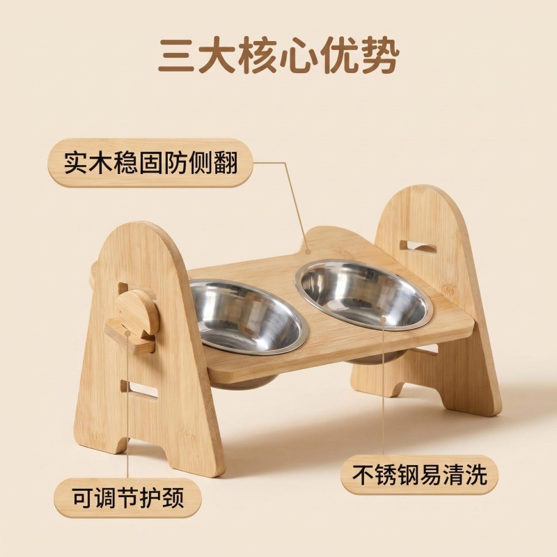 bambú ajustable tronco viento doble tazón gato cubierta de cuello de madera sólida anti-volquear gato y perro universal agua potable alimentación cubierta de tazón