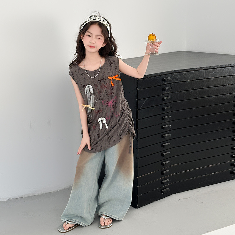 Girls' Summer Outfit Trendy Cool Sleeveless T-Shirt Denim Floor-Length Pants Korean Style Tank Top Hot Girl Two-Piece Set Foreign Trade