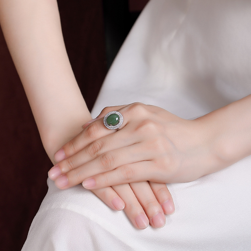 Nhẫn nữ bạc S925 mặt ngọc Hetian jasper hình trứng cá tính, thiết kế mở thanh lịch — Mở một size